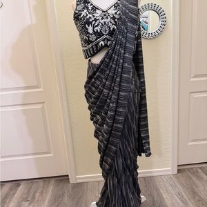 Black and White Striped Saree with Embellished Blouse